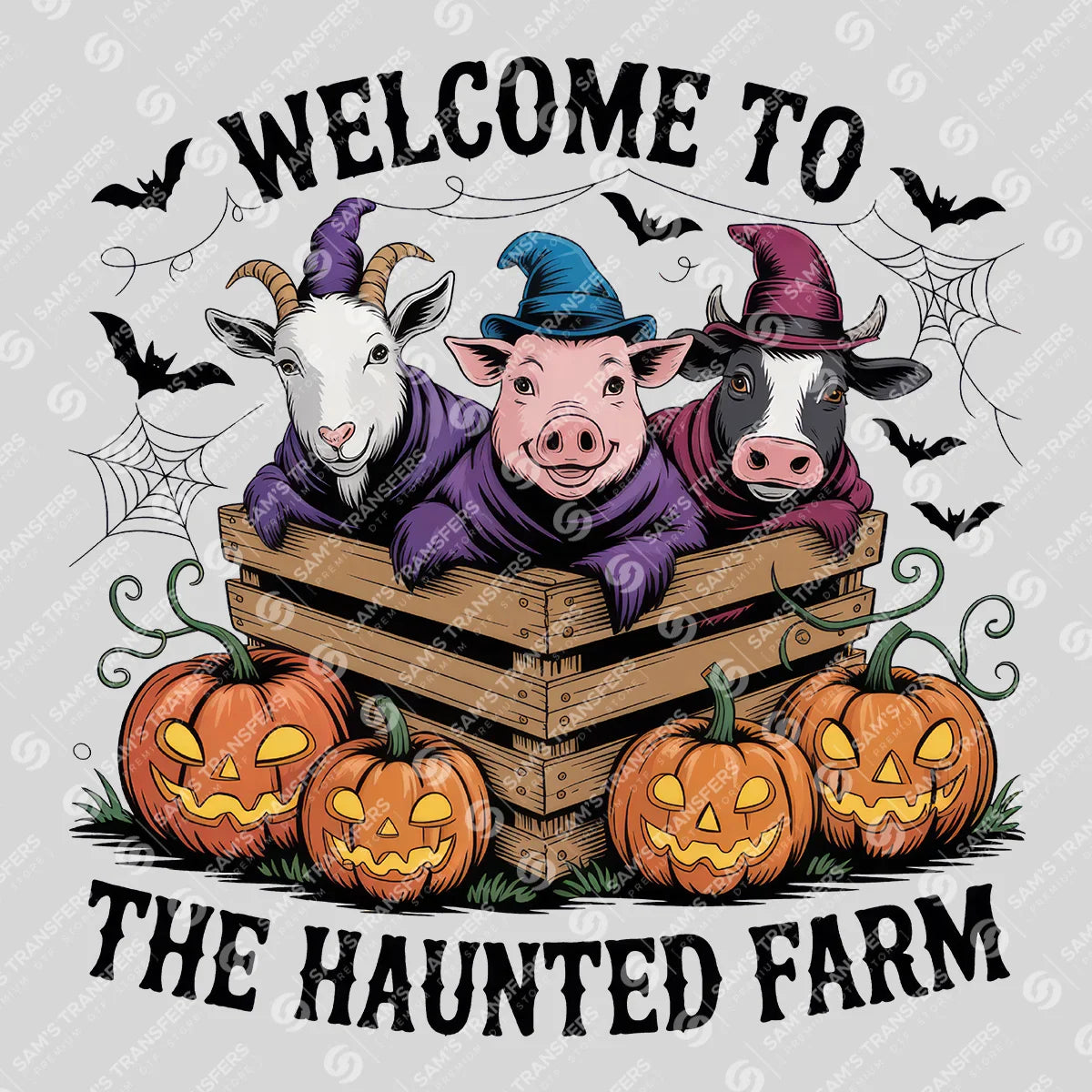 Apparel featuring a Welcome to the Haunted Farm-themed DTF transfer.