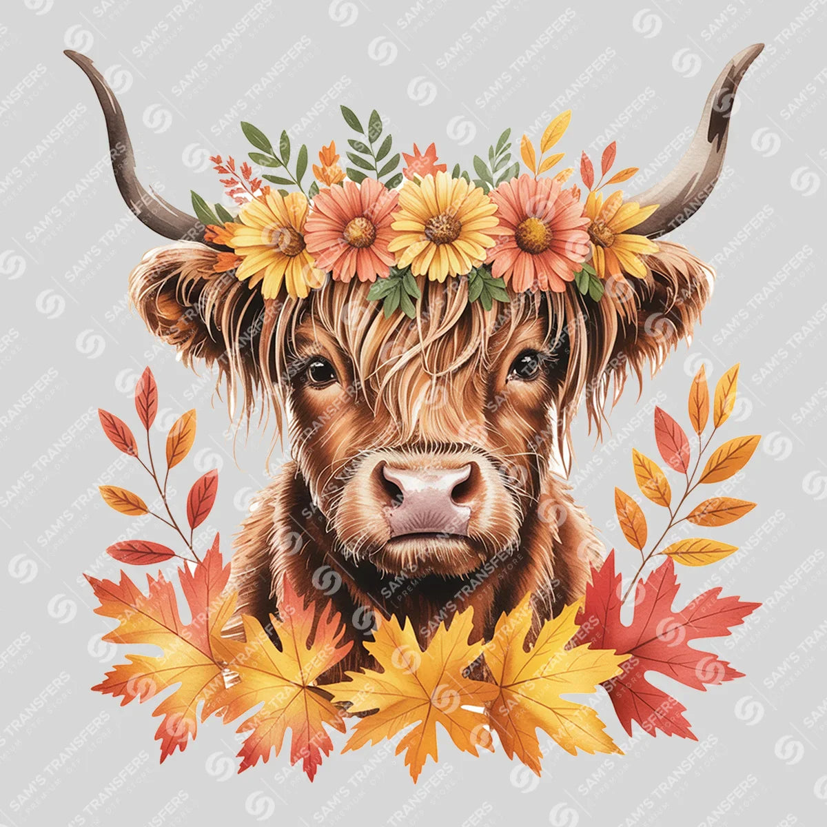 Apparel featuring a Fall Highland Cow-themed DTF transfer.