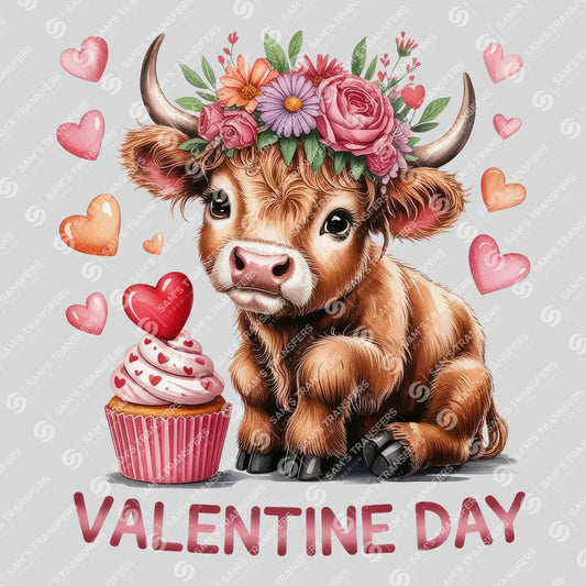 Apparel featuring a Valentine Highland Cow-themed DTF transfer.