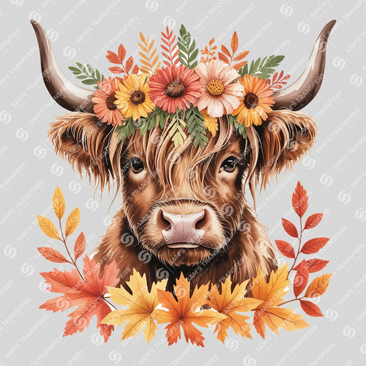 Apparel featuring a Autumn Highland Cow-themed DTF transfer.