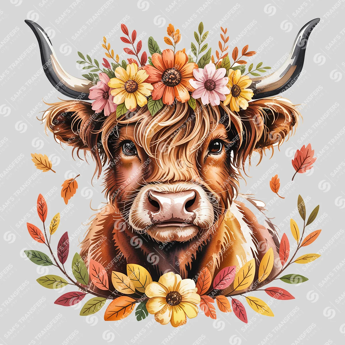 Apparel featuring a Floral Highland Cow-themed DTF transfer.