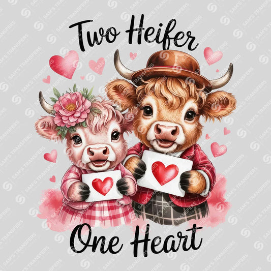 Apparel featuring a Two Heifer One Heart-themed DTF transfer.
