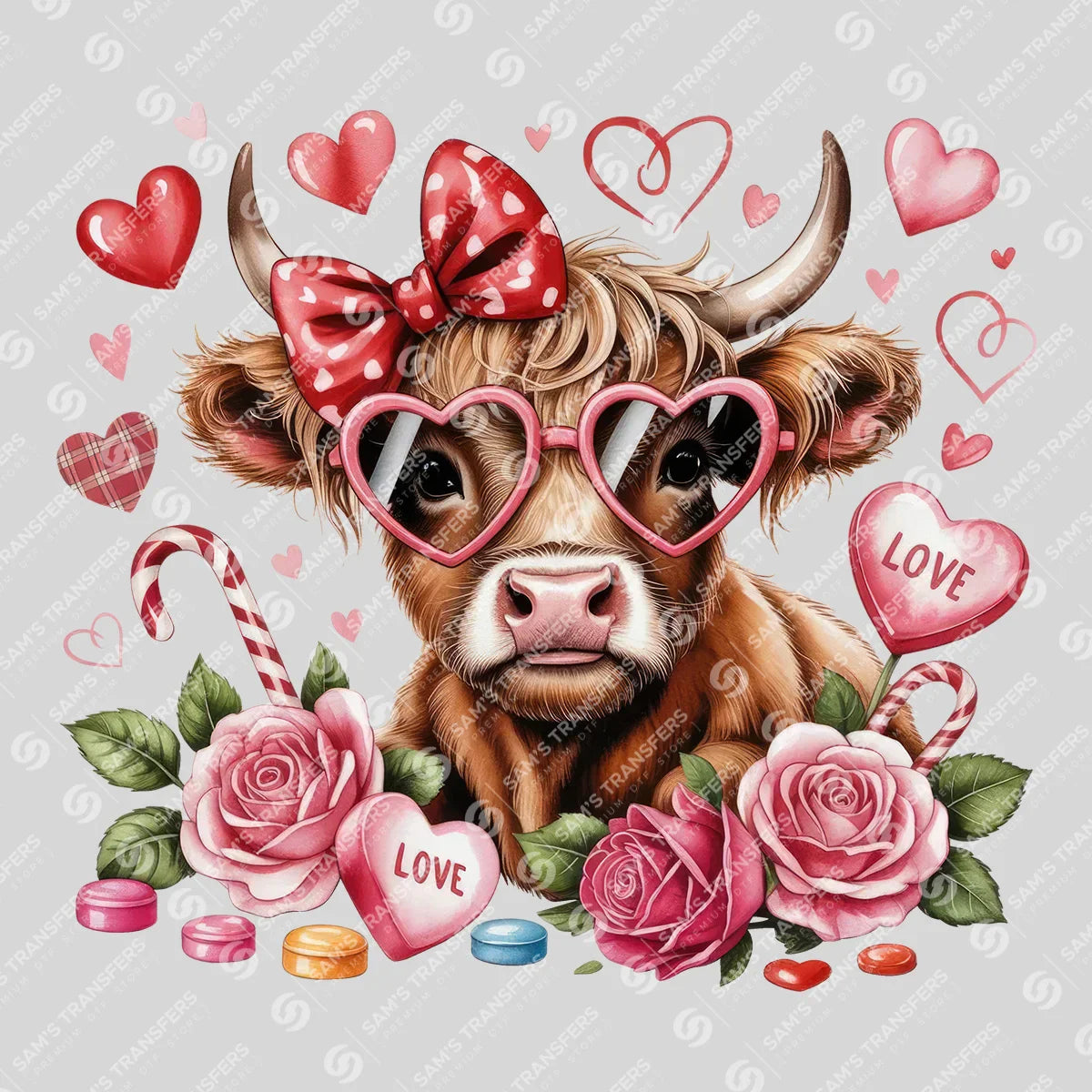 Apparel featuring a Love Valentine Highland Cow-themed DTF transfer.