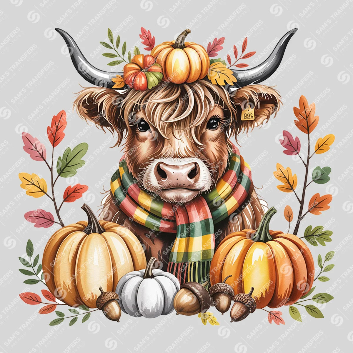 Apparel featuring a Fall Pumpkin Highland Cow-themed DTF transfer.