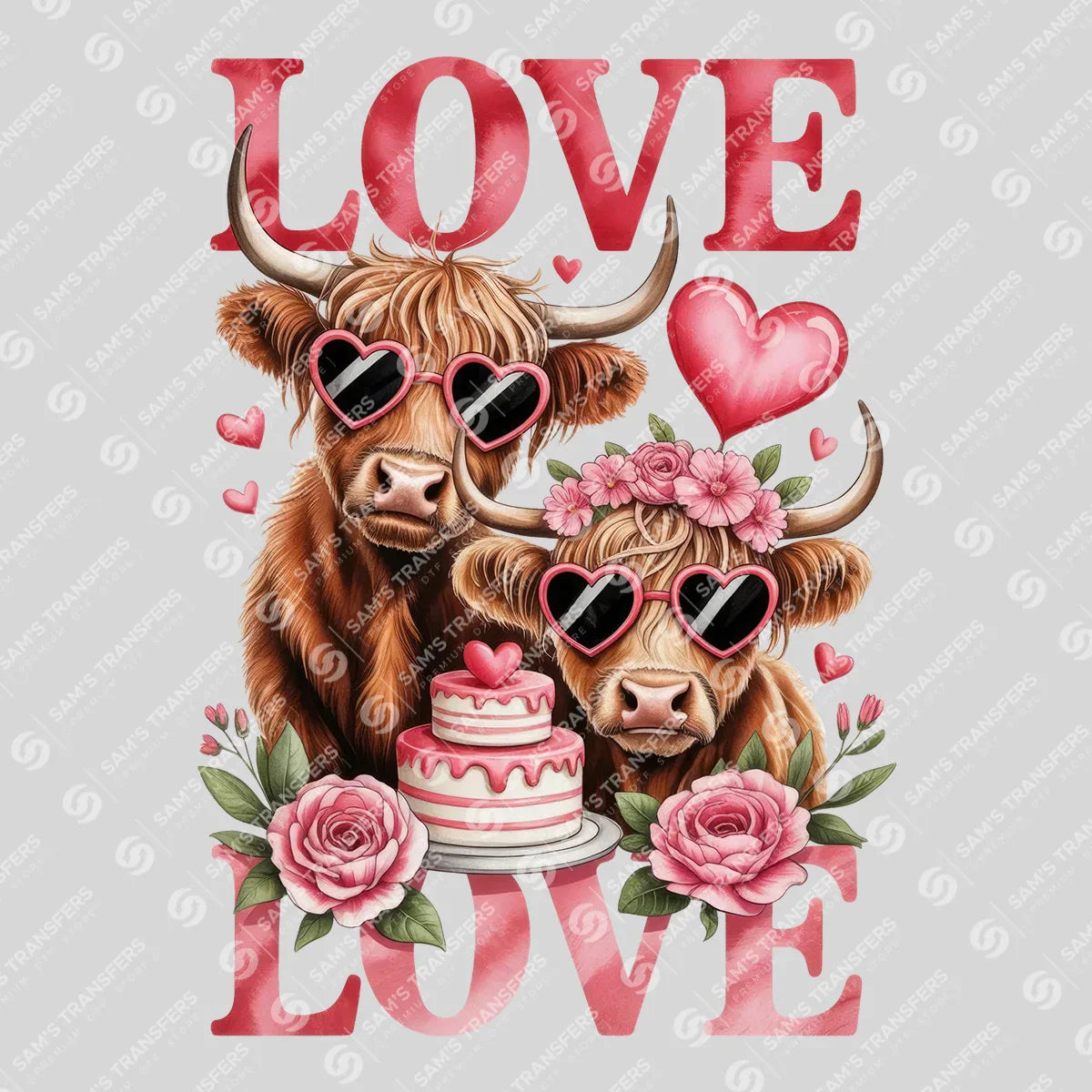 Apparel featuring a Love Highland Cow Couple-themed DTF transfer.