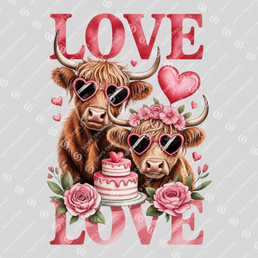 Apparel featuring a Love Highland Cow Couple-themed DTF transfer.