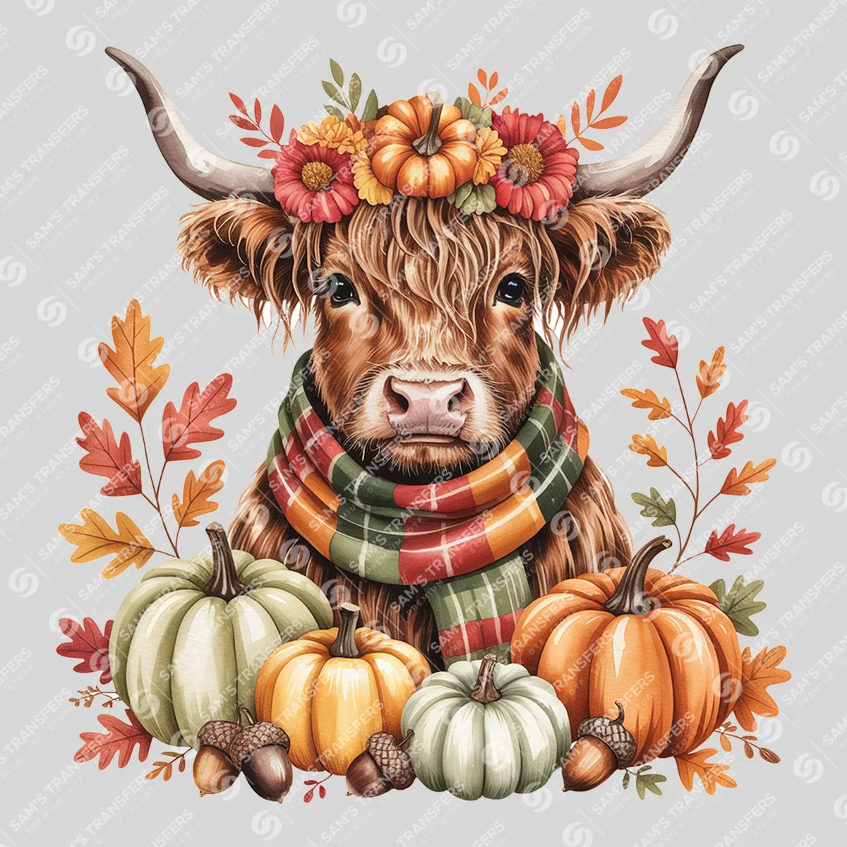 Apparel featuring a Pumpkin Patch Highland Cow-themed DTF transfer.