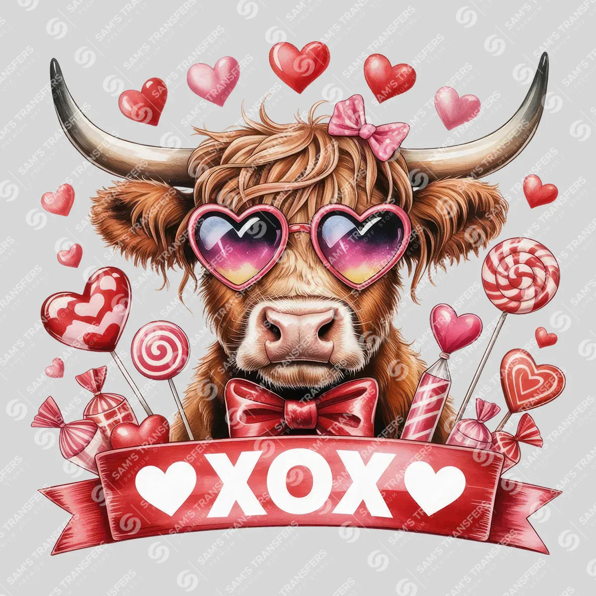 Apparel featuring a XOX Valentine Highland Cow-themed DTF transfer.
