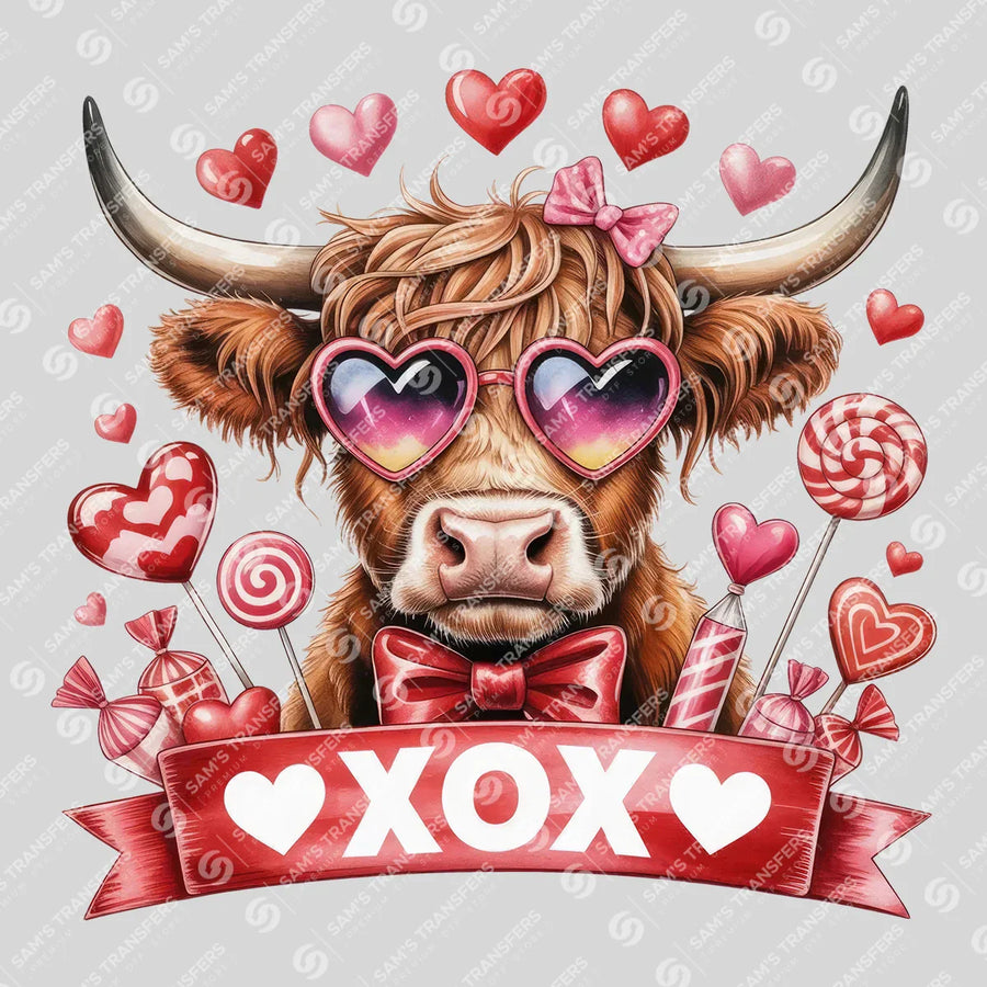 XOX Valentine Highland Cow Ready-to-Press DTF Transfer | SAT08205