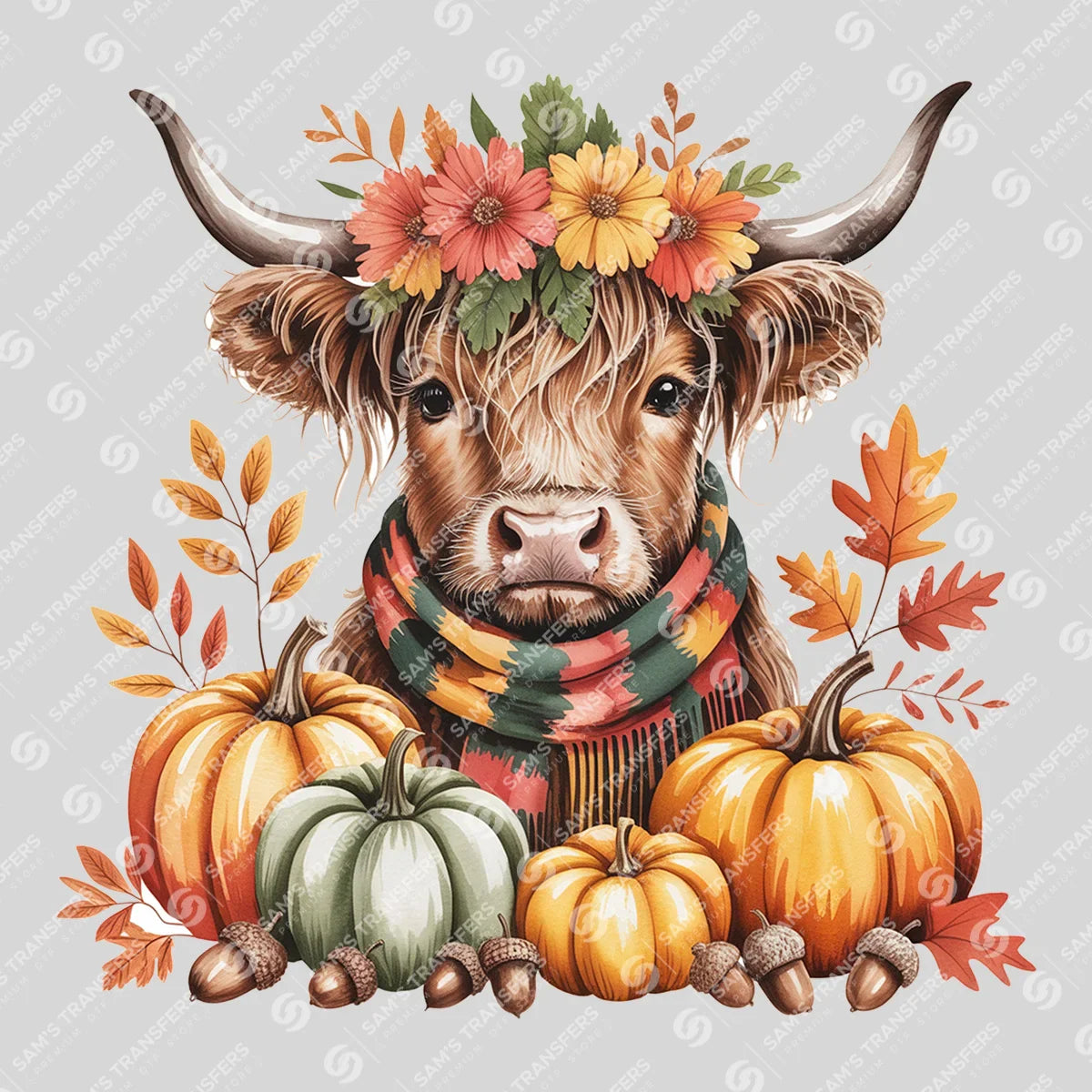 Apparel featuring a Fall Harvest Highland Cow-themed DTF transfer.