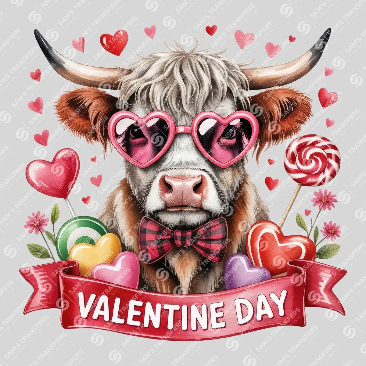 Apparel featuring a Valentine Candy Highland Cow-themed DTF transfer.