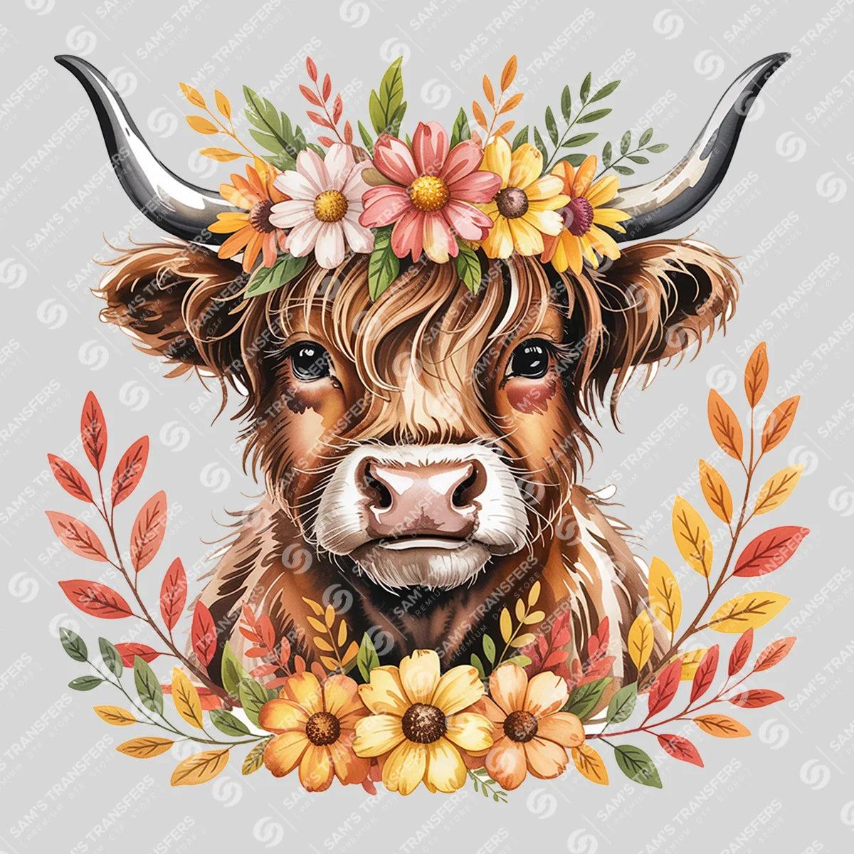 Apparel featuring a Floral Crown Highland Cow-themed DTF transfer.