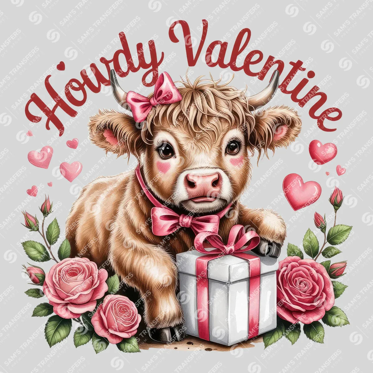 Apparel featuring a Howdy Valentine Baby Cow-themed DTF transfer.