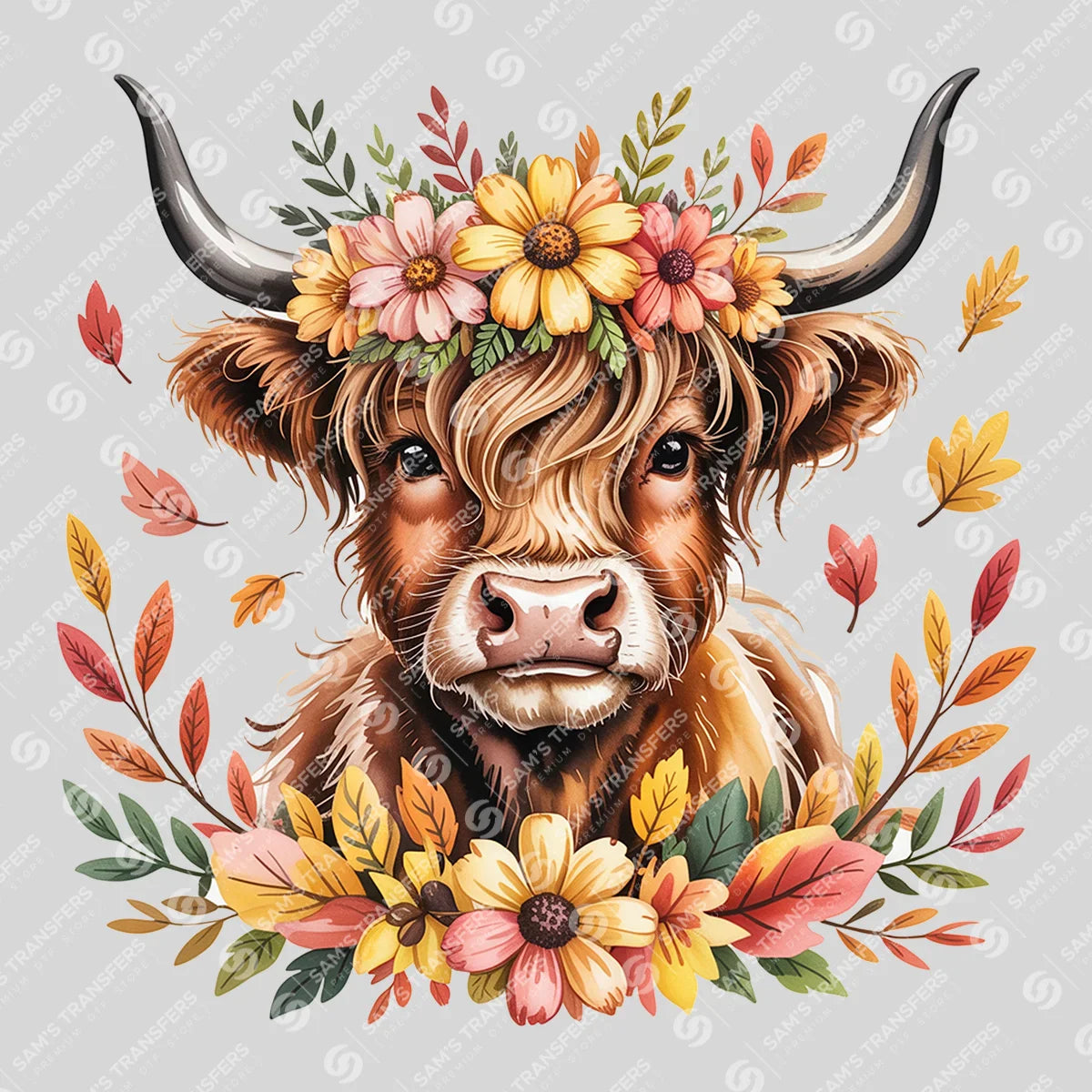 Apparel featuring a Autumn Wreath Highland Cow-themed DTF transfer.