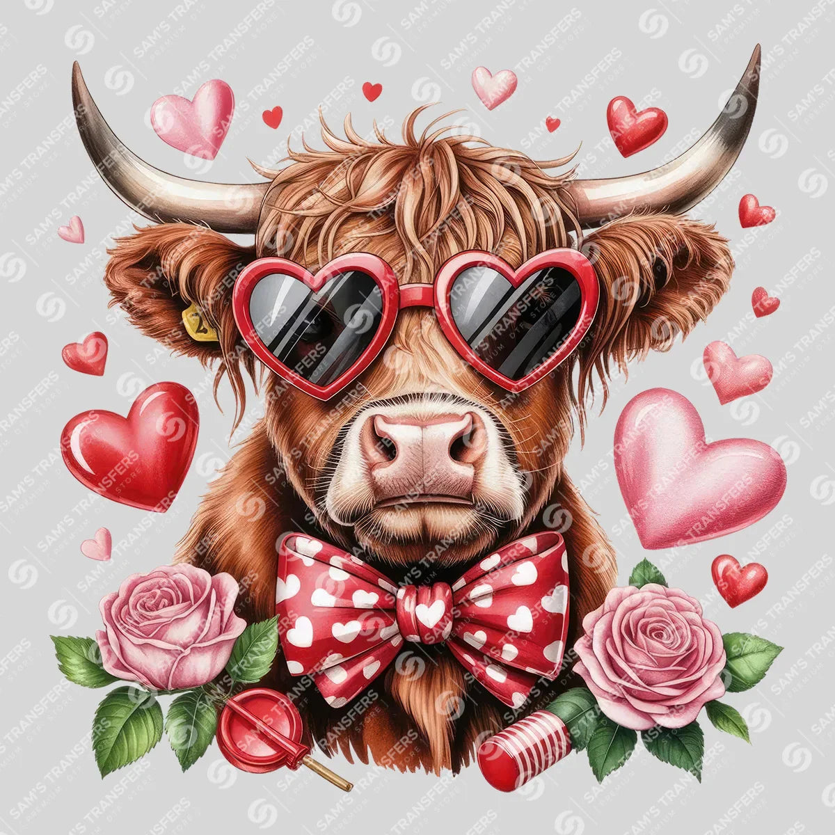 Apparel featuring a Heart Glasses Highland Cow-themed DTF transfer.