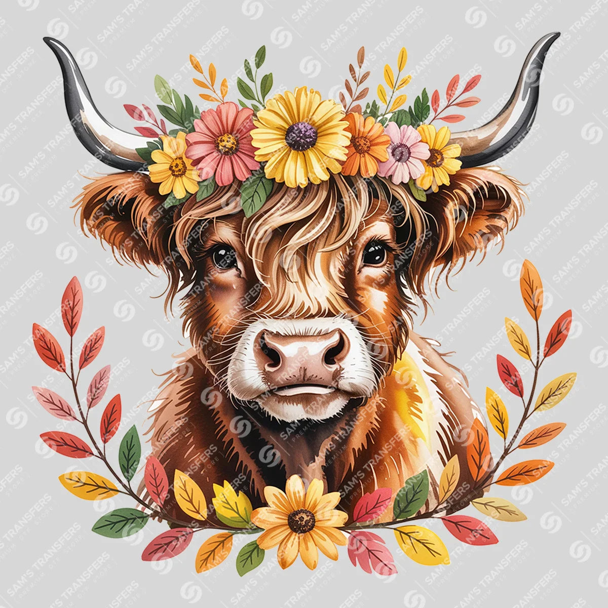 Apparel featuring a Fall Wreath Highland Cow-themed DTF transfer.