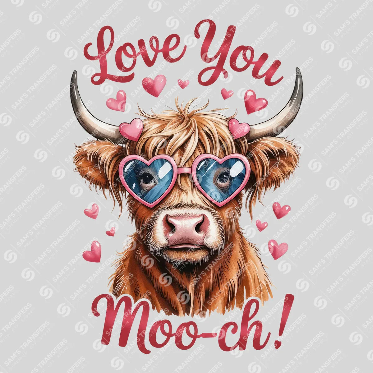 Apparel featuring a Love You Mooch-themed DTF transfer.