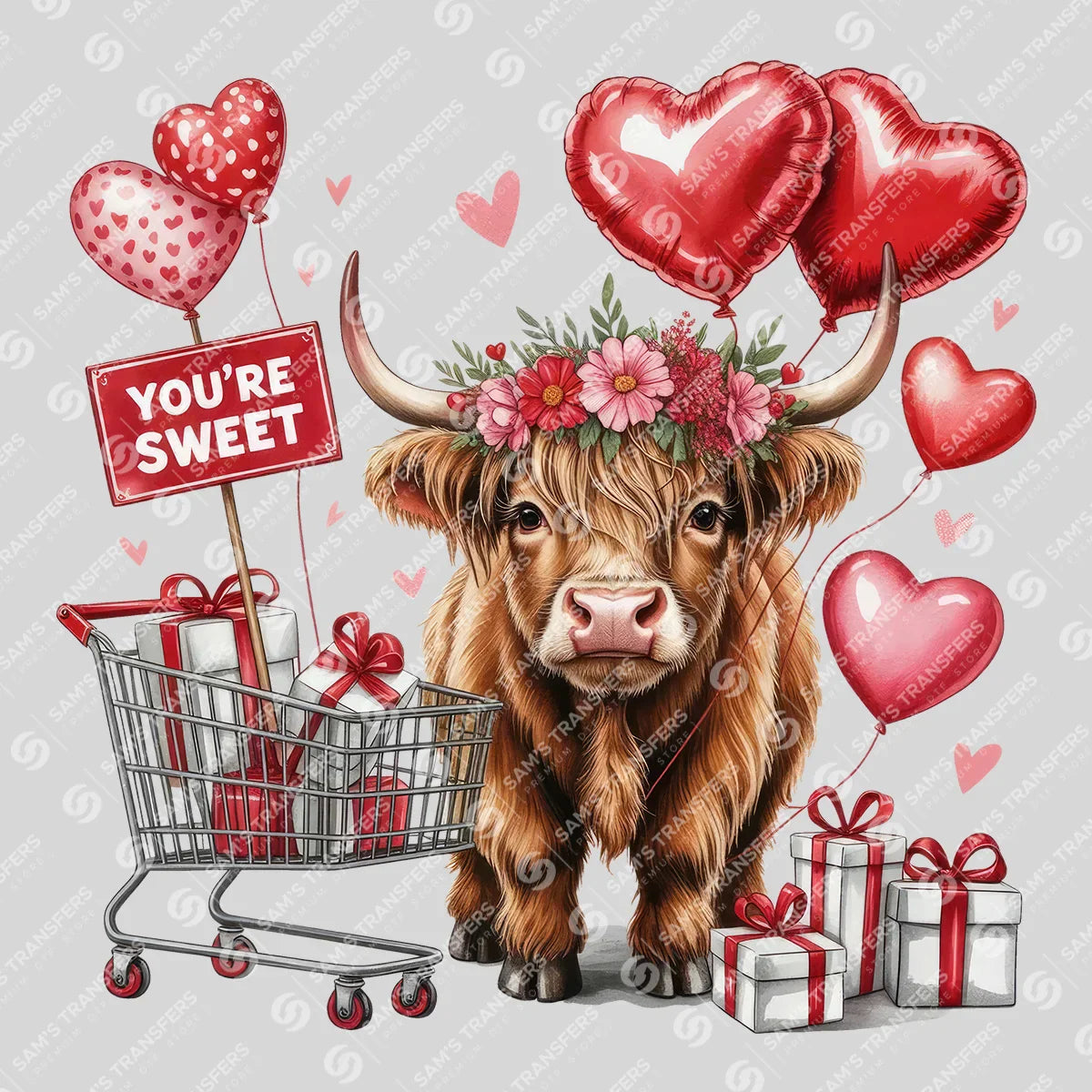 Apparel featuring a You're Sweet Highland Cow-themed DTF transfer.