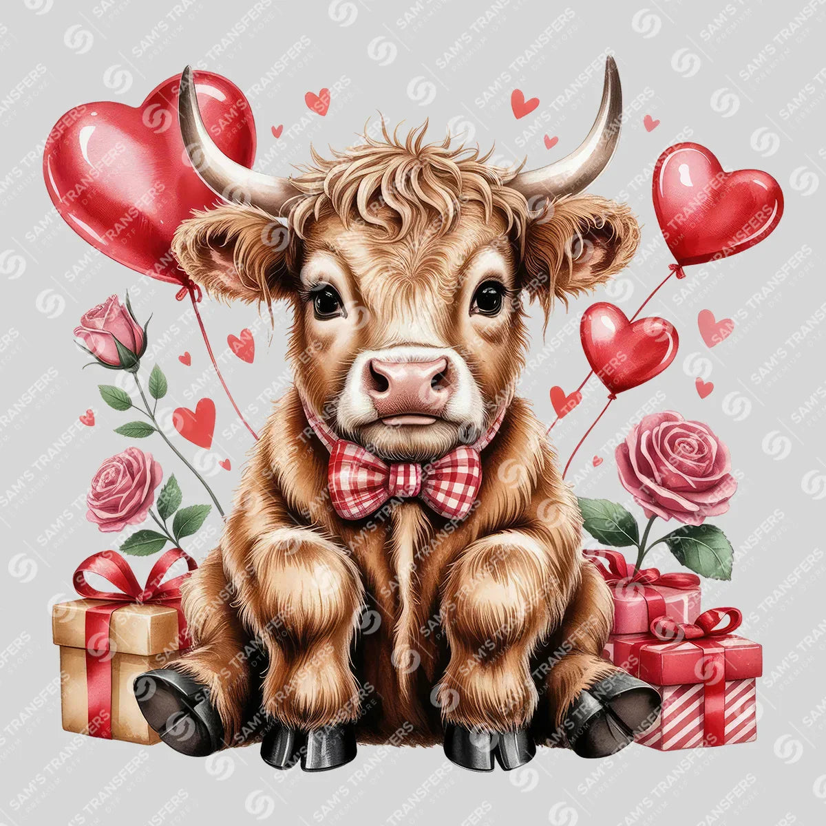 Apparel featuring a Valentine Baby Highland Cow-themed DTF transfer.