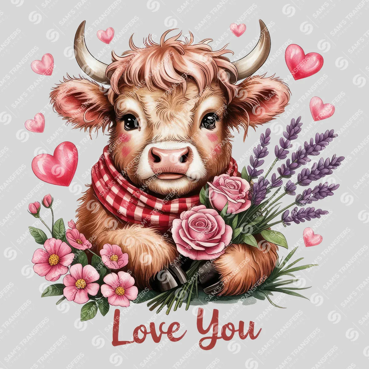 Apparel featuring a Love You Highland Cow-themed DTF transfer.