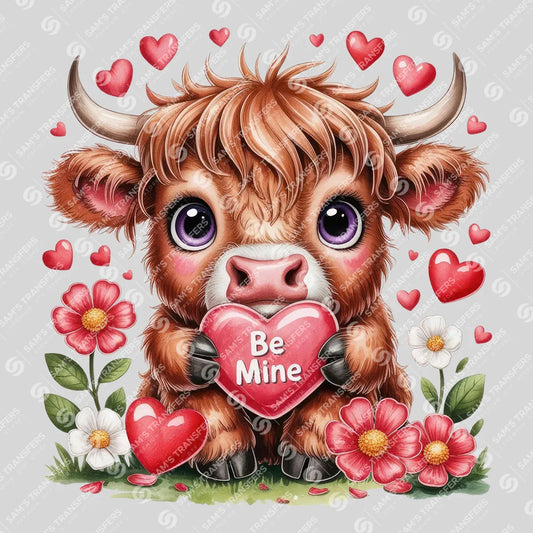 Apparel featuring a Be Mine Highland Cow-themed DTF transfer.
