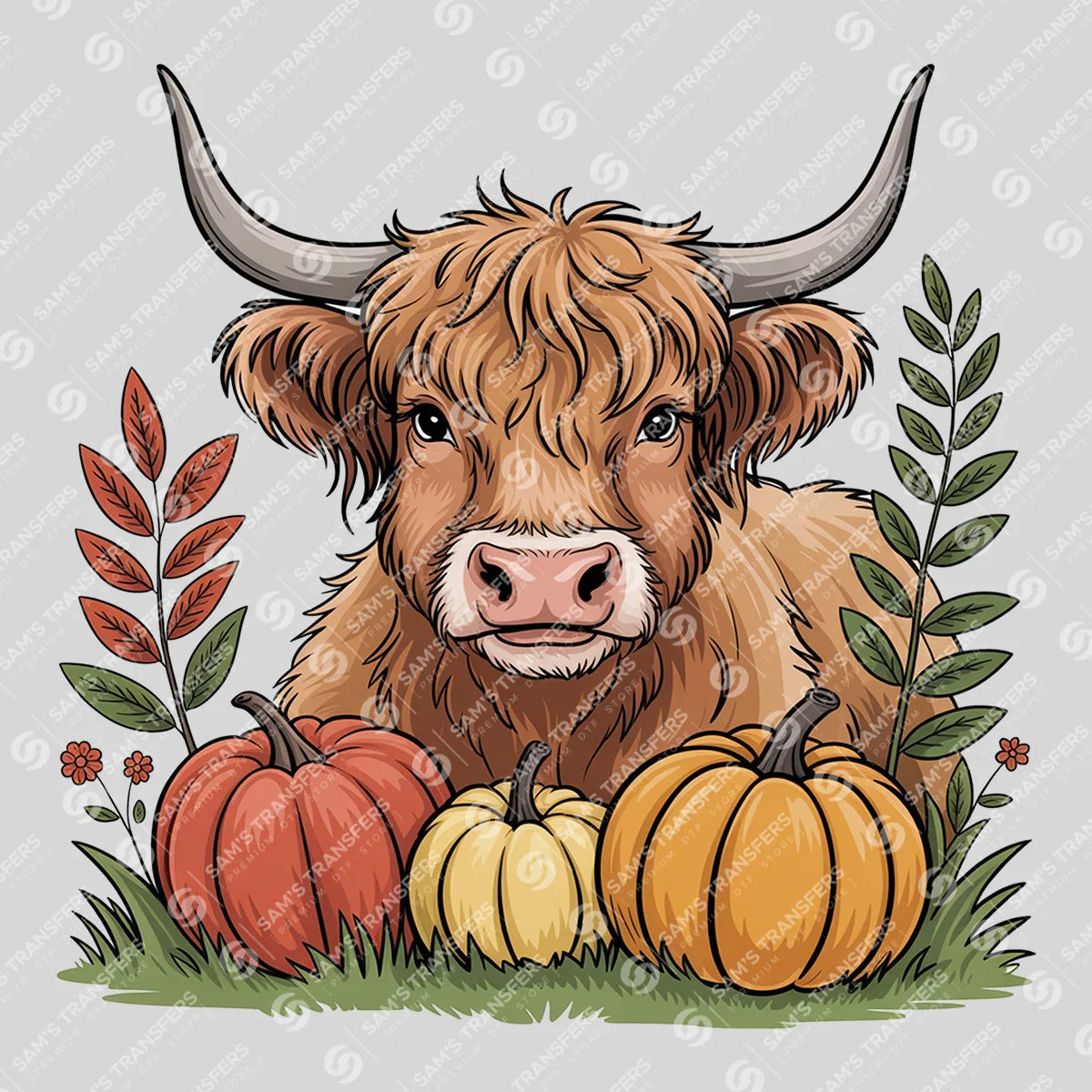 Apparel featuring a Harvest Highland Cow-themed DTF transfer.