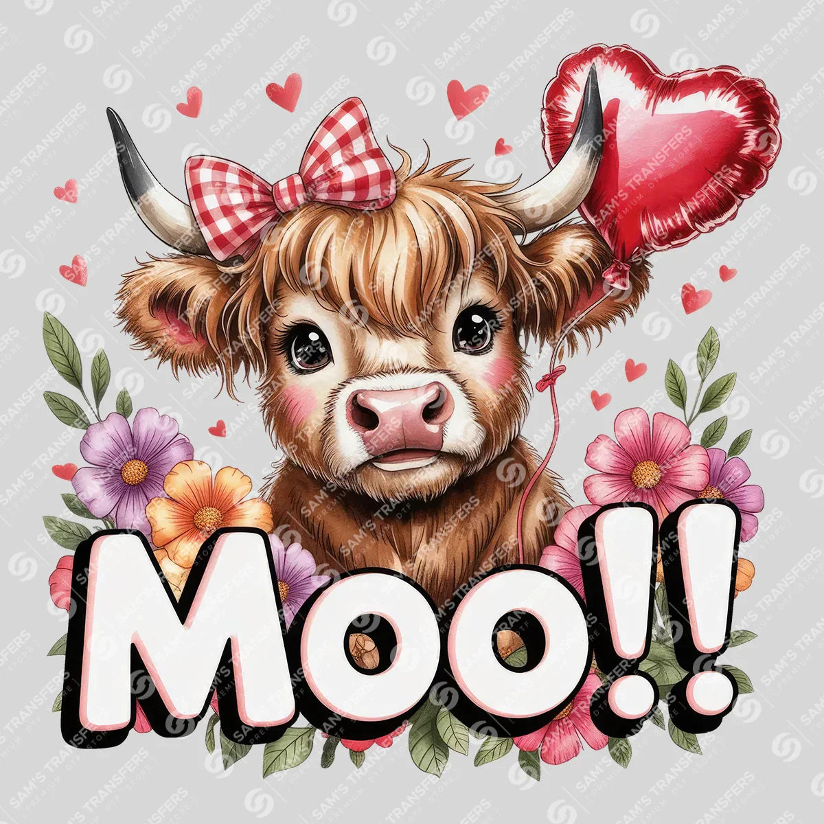 Apparel featuring a Moo Highland Cow-themed DTF transfer.