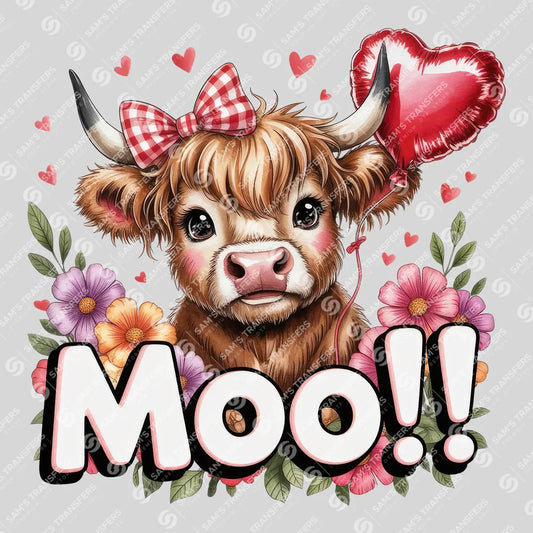 Apparel featuring a Moo Highland Cow-themed DTF transfer.