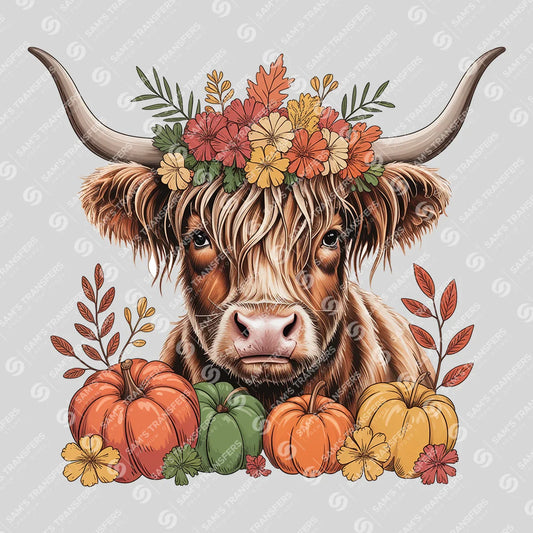 Apparel featuring a Autumn Marigold Highland Cow-themed DTF transfer.