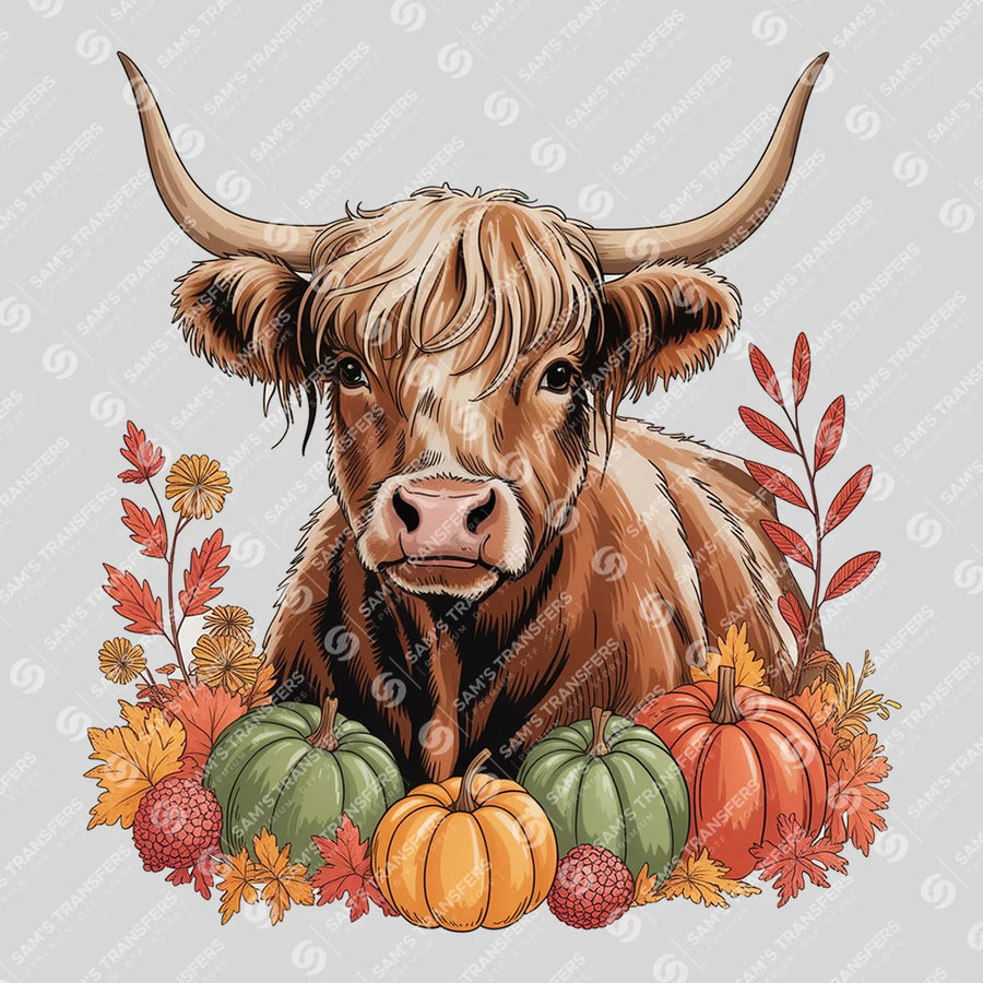 Autumn Harvest Highland Cow Ready-to-Press DTF Transfer | SAT08224