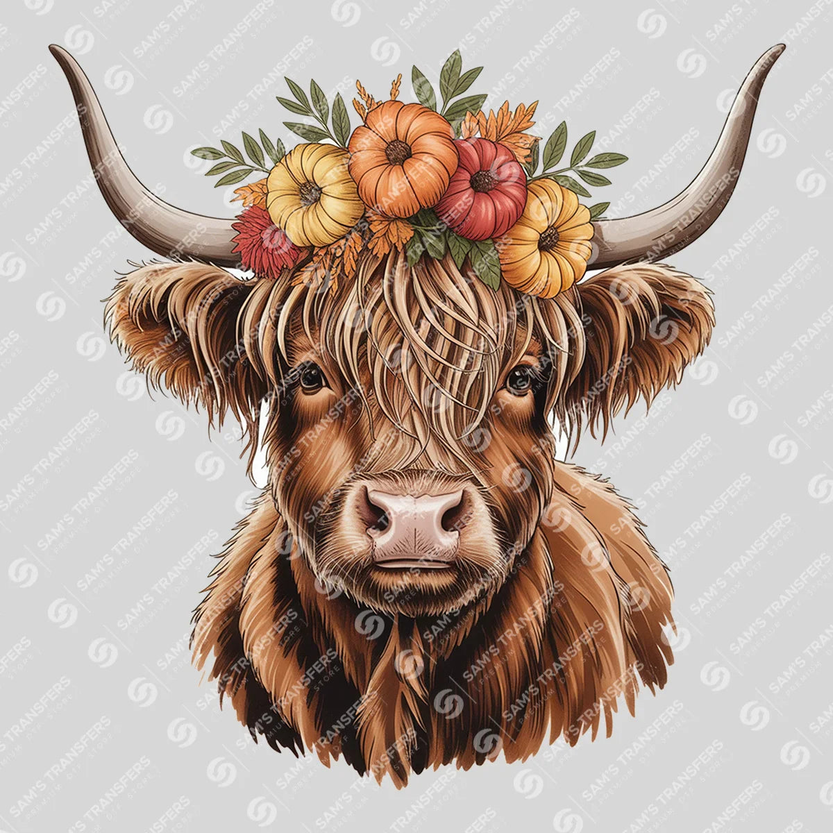 Apparel featuring a Pumpkin Crown Highland Cow-themed DTF transfer.