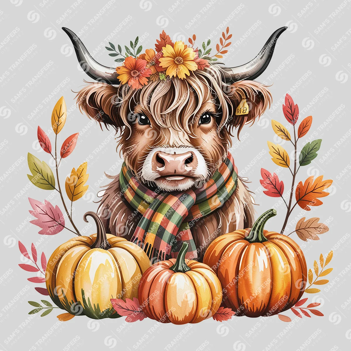 Apparel featuring a Plaid Scarf Highland Cow-themed DTF transfer.
