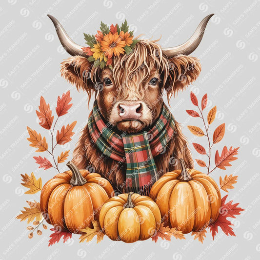 Apparel featuring a Fall Plaid Highland Cow-themed DTF transfer.