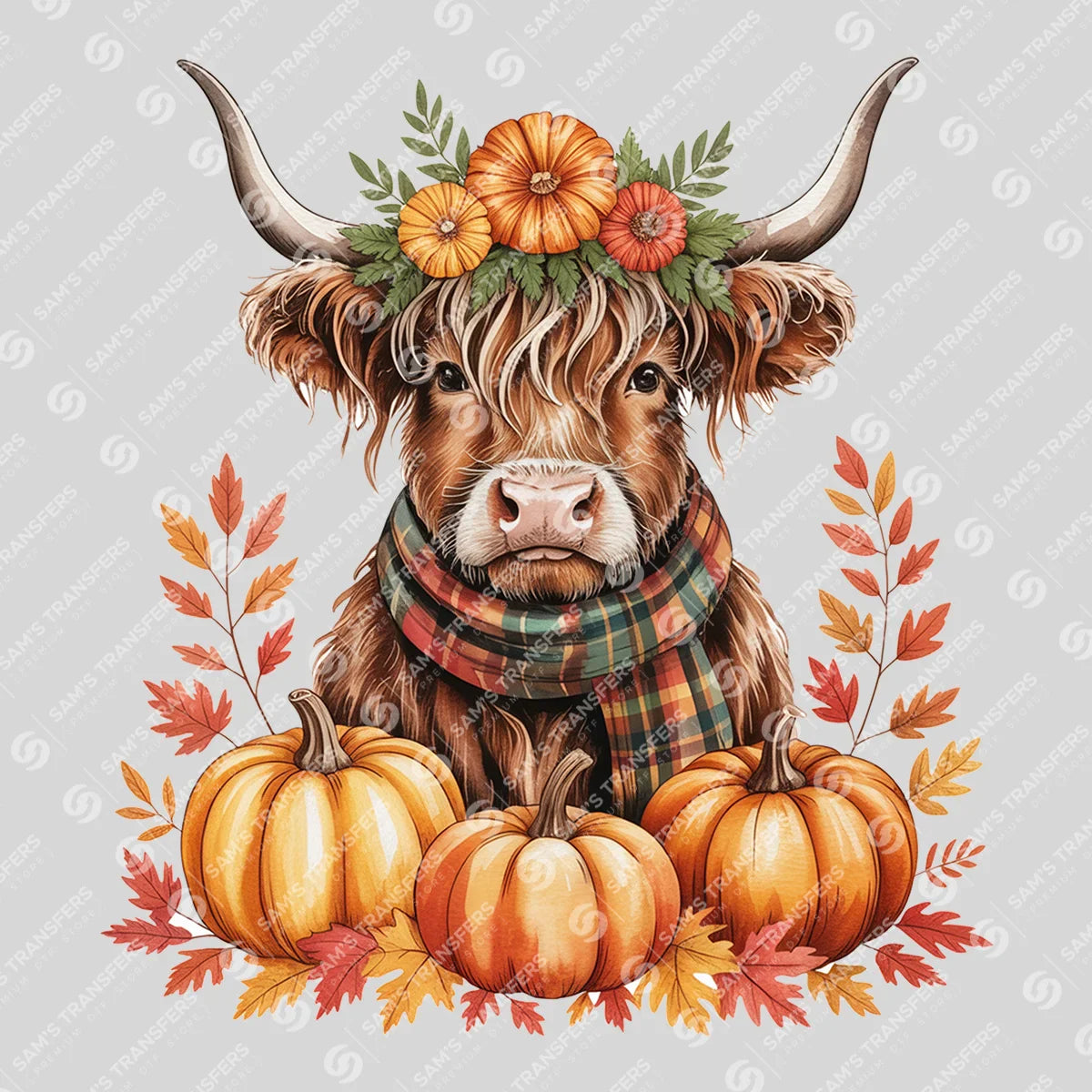Apparel featuring a Pumpkin Plaid Highland Cow-themed DTF transfer.