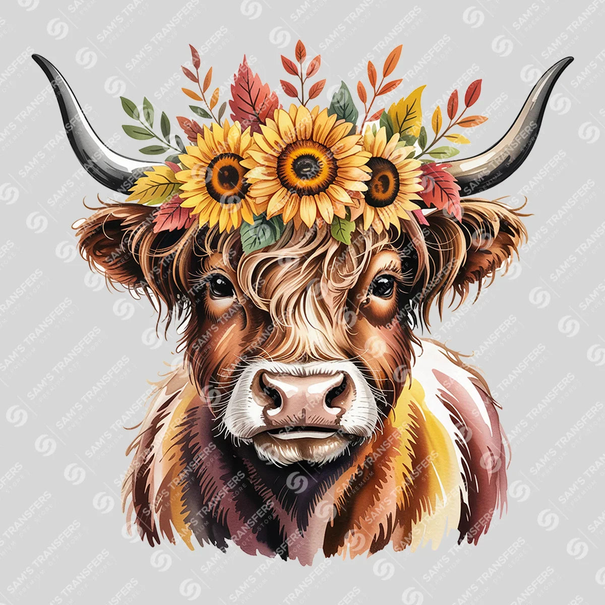 Apparel featuring a Sunflower Highland Cow-themed DTF transfer.