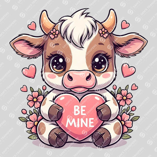 Apparel featuring a Be Mine Baby Cow-themed DTF transfer.