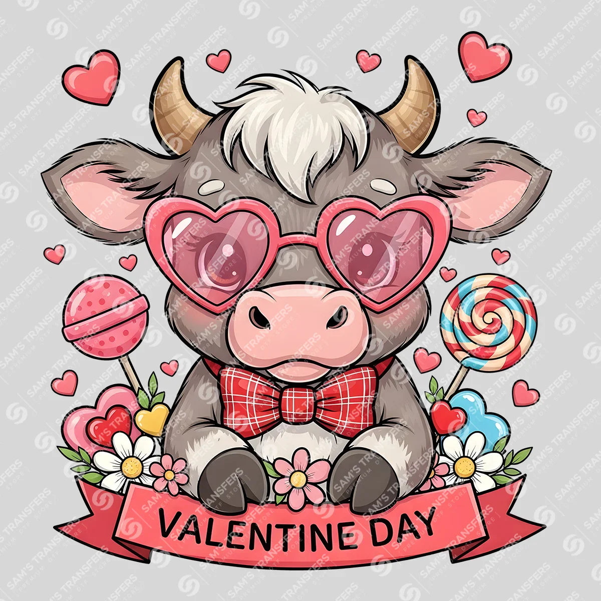 Apparel featuring a Valentine Day Cow-themed DTF transfer.