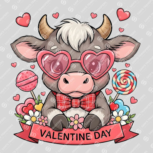 Apparel featuring a Valentine Day Cow-themed DTF transfer.