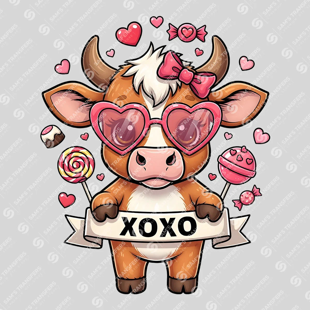 Apparel featuring a XOXO Valentine Cow-themed DTF transfer.