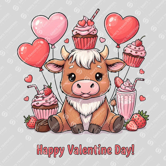 Apparel featuring a Happy Valentine Day Cow-themed DTF transfer.