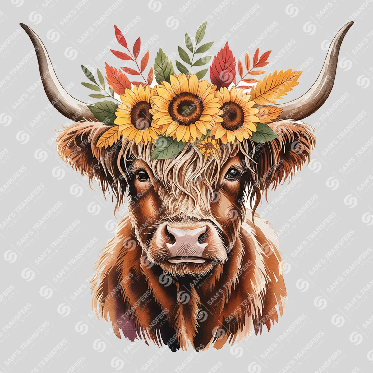 Apparel featuring a Boho Sunflower Highland Cow-themed DTF transfer.
