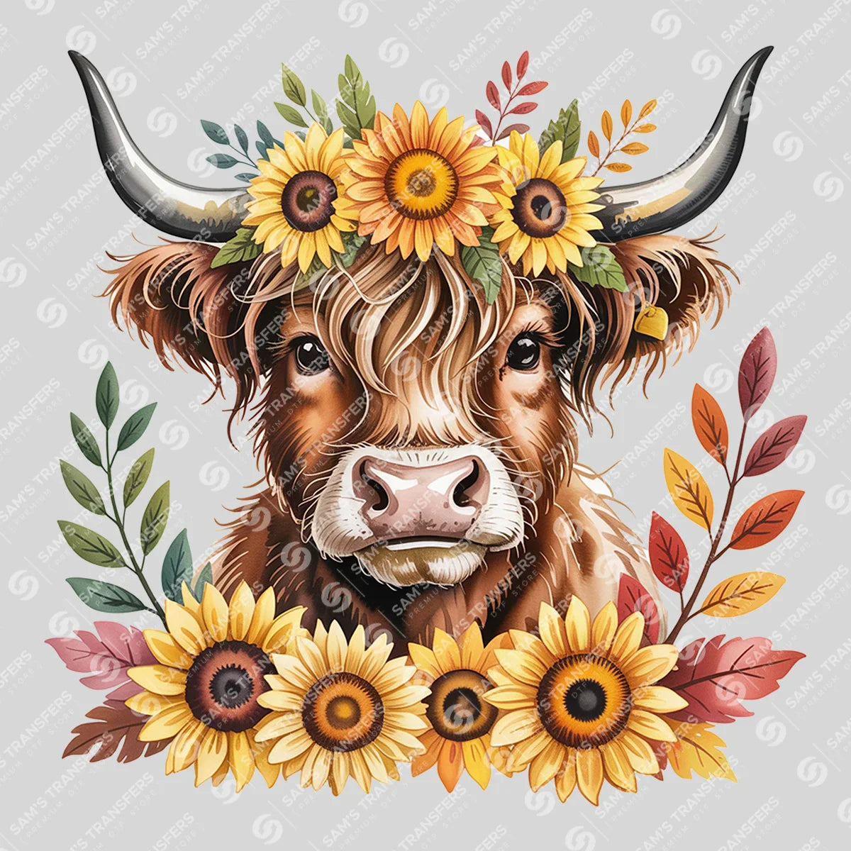 Apparel featuring a Sunflower Crown Highland Cow-themed DTF transfer.