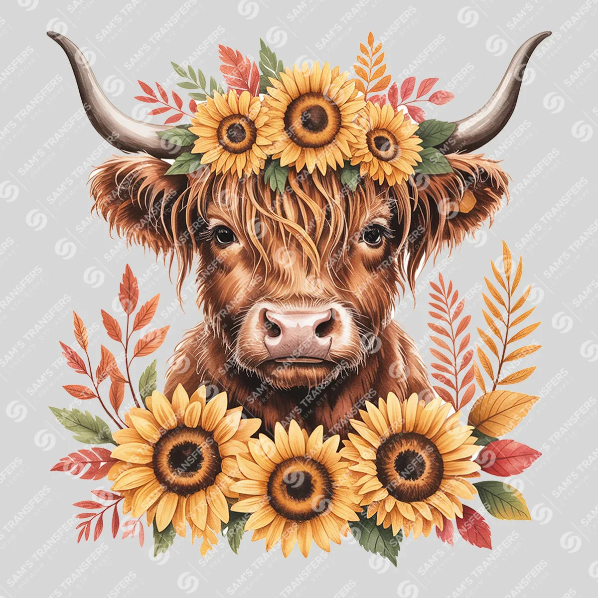 Apparel featuring a Fall Sunflower Highland Cow-themed DTF transfer.
