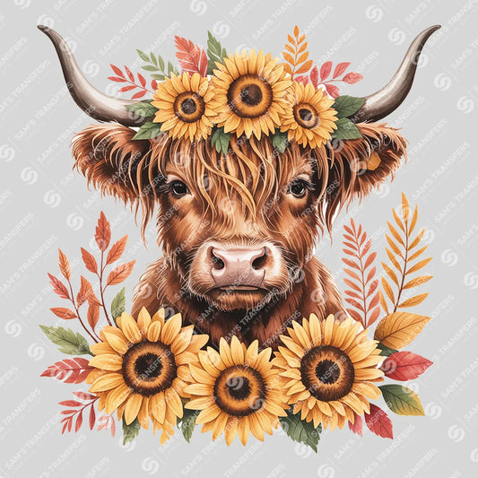 Apparel featuring a Fall Sunflower Highland Cow-themed DTF transfer.