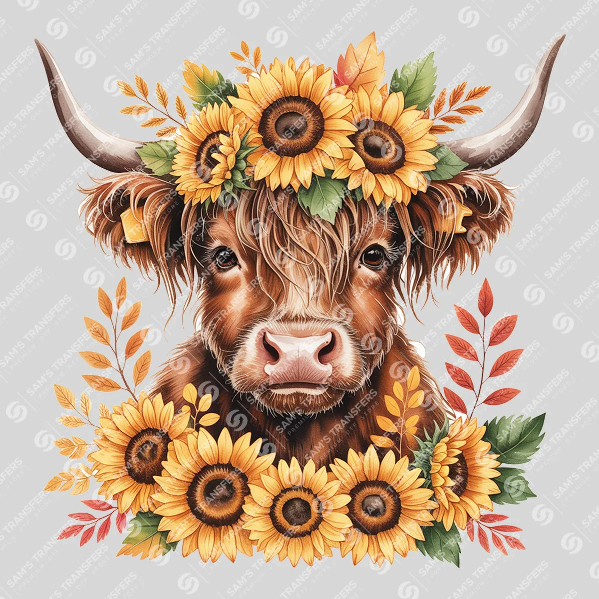 Apparel featuring a Autumn Sunflower Highland Cow-themed DTF transfer.