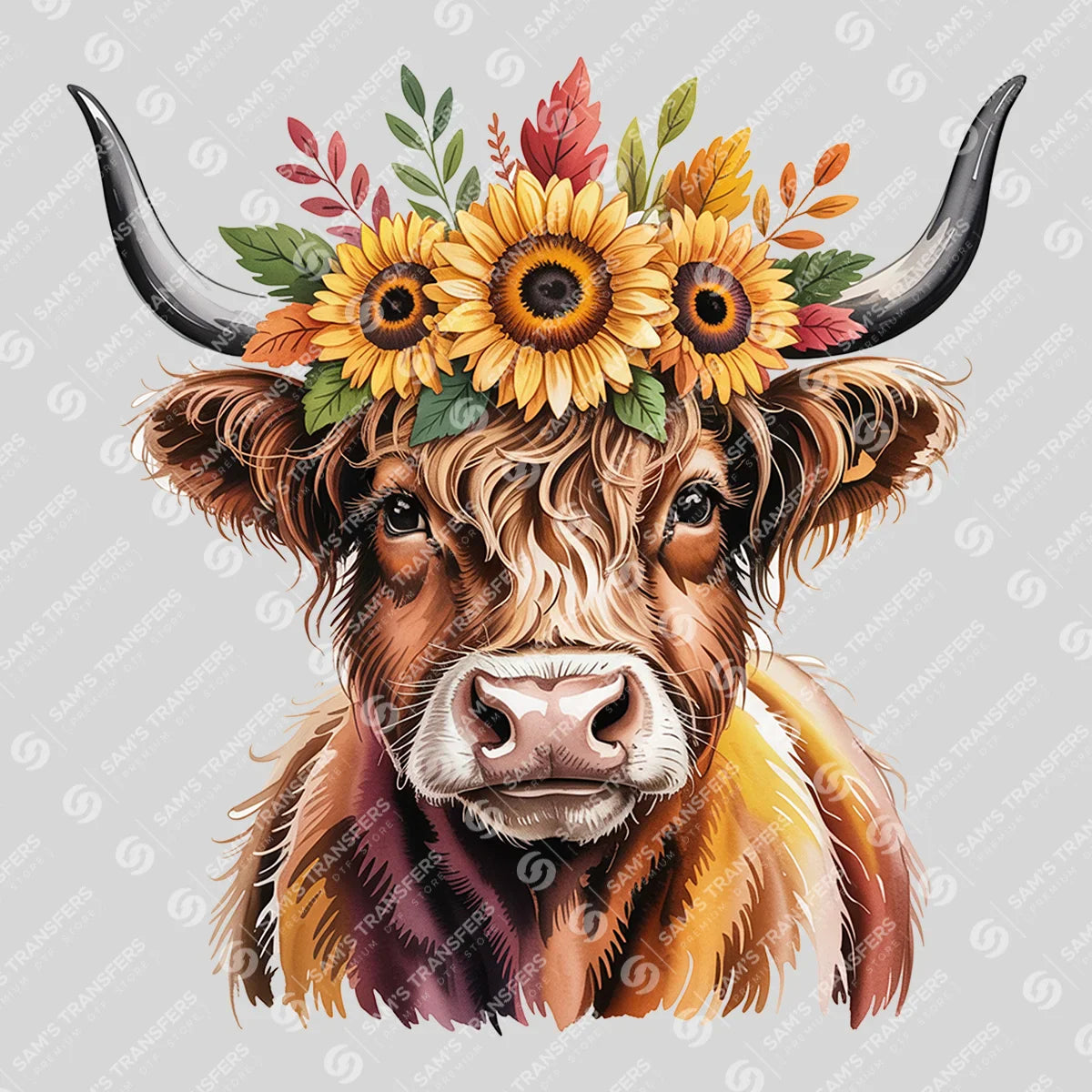 Apparel featuring a Watercolor Sunflower Cow-themed DTF transfer.
