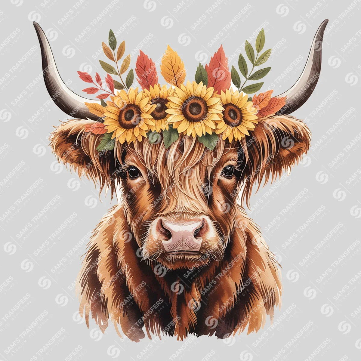 Apparel featuring a Rustic Sunflower Highland Cow-themed DTF transfer.