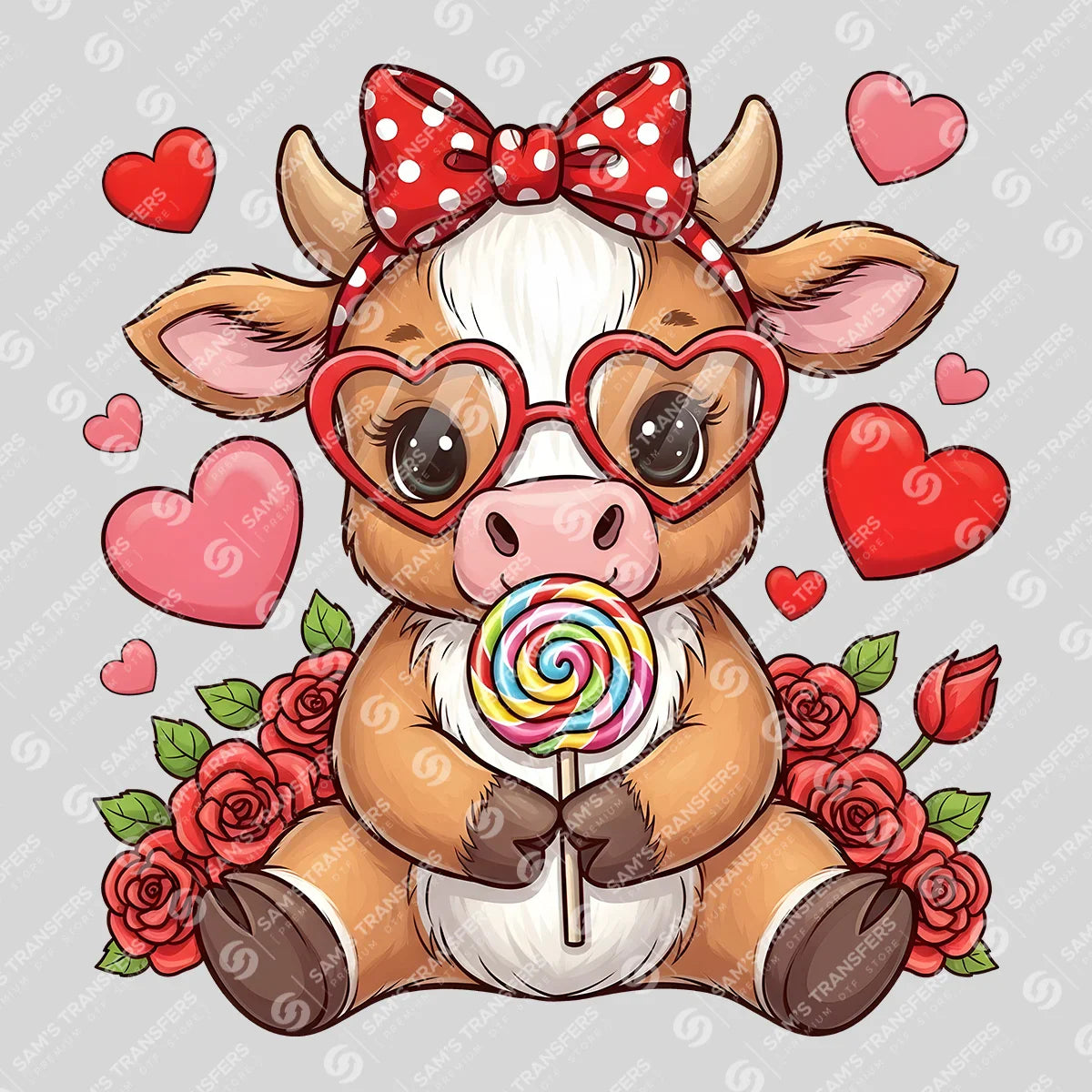 Apparel featuring a Valentine Lollipop Cow-themed DTF transfer.