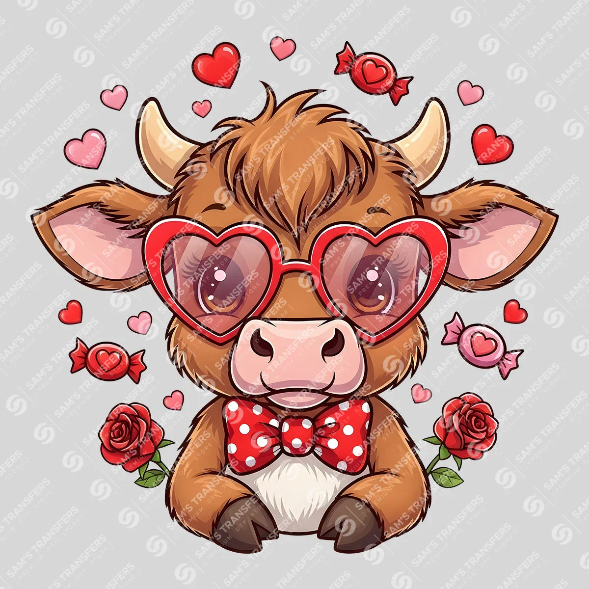 Apparel featuring a Valentine Heart Glasses Cow-themed DTF transfer.