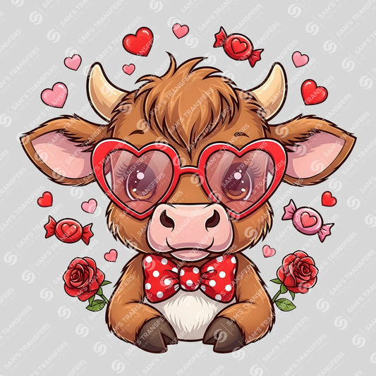 Apparel featuring a Valentine Heart Glasses Cow-themed DTF transfer.